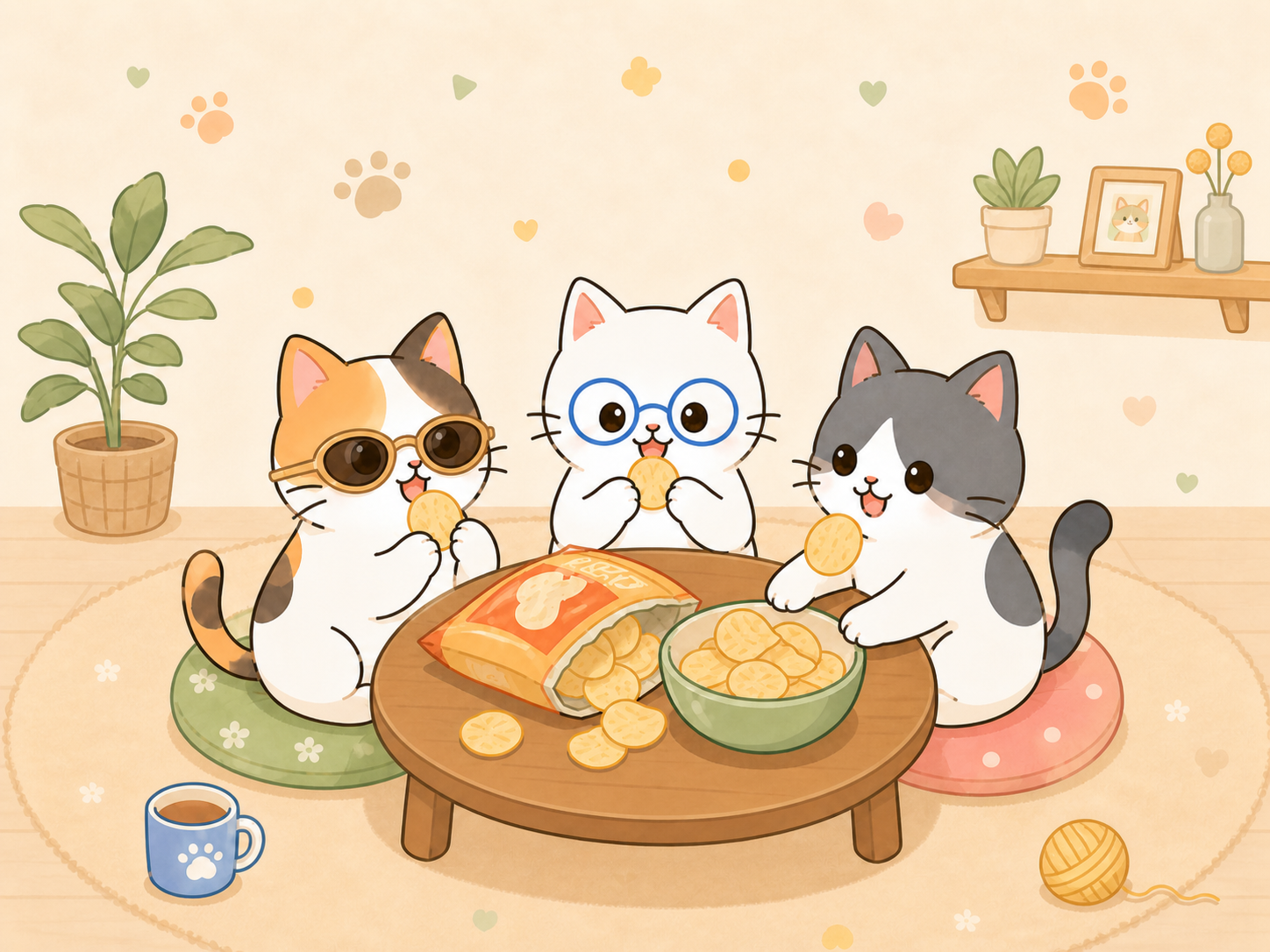 ポテチを食べながらTipsを見ている3にゃんのイラスト